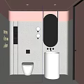 Modern Bathroom With Pink Tones Round Mirror Freestanding Sink Decorative Text And Wall Mounted Toilet