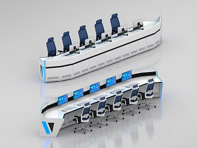 Modern Office Console Desk with Multiple Blue Ergonomic Chairs and Computer Monitors 3d model