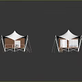 Camping Tents Featuring Wooden Platforms Stairs Support Poles And White Canopies