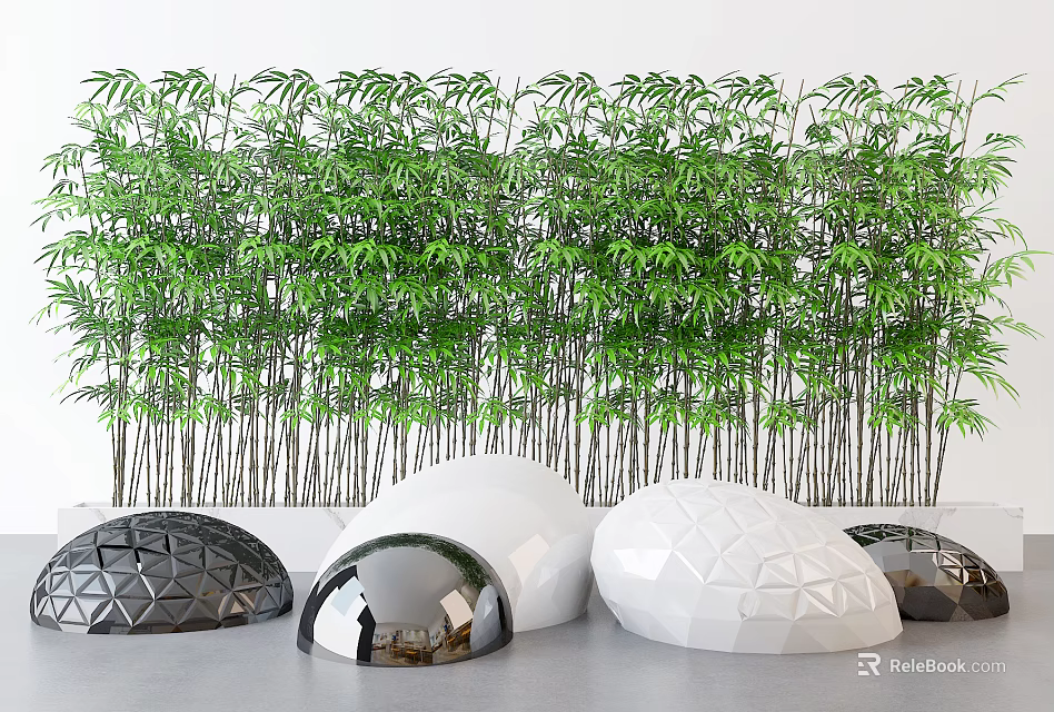 Green Bamboo Background With Various Colored Shaped Spherical Decorative Items 3d model