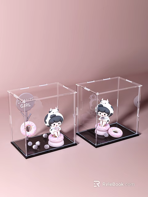 Girl Dolls In Transparent Display Cases With Cow Headwear Pink Donuts And Small Beads 3d model 
