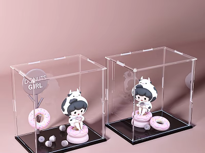 Girl Dolls In Transparent Display Cases With Cow Headwear Pink Donuts And Small Beads 3d model