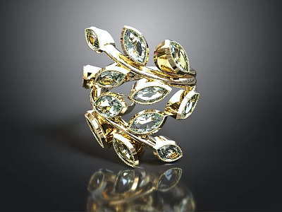 Gold Leaf Shaped Decorative Ring With Clear Gemstones For Daily Accessory Use 3d model