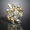 Gold Leaf Shaped Decorative Ring With Clear Gemstones For Daily Accessory Use 3d model