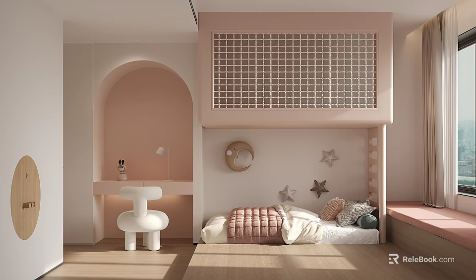 Pink Kids Room Interior With Loft Bed Arched Doorway Star Decorations And Wooden Floor 3d model 