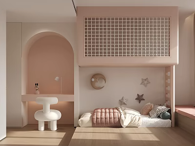 Pink Kids Room Interior With Loft Bed Arched Doorway Star Decorations And Wooden Floor 3d model