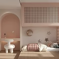 Pink Kids Room Interior With Loft Bed Arched Doorway Star Decorations And Wooden Floor