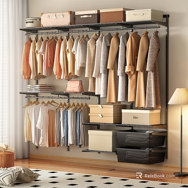 Multi Tiered Metal Clothing Rack With Hanging Clothes Storage Shelves Drawers And Boxes 3d model 