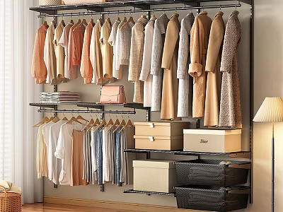 Multi Tiered Metal Clothing Rack With Hanging Clothes Storage Shelves Drawers And Boxes 3d model