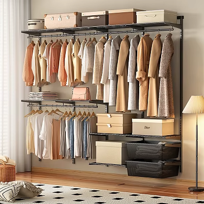 Multi Tiered Metal Clothing Rack With Hanging Clothes Storage Shelves Drawers And Boxes 3d model