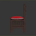 Wooden Dining Chair With Carved Openwork Design And Red Cushion With Colorful Patterns