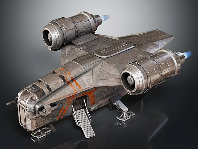 Futuristic Spaceship With Twin Engines Metallic Body Orange Stripes And Landing Gear For Space Exploration 3d model