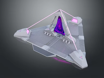 Futuristic Sci-Fi Space Landscape With Triangle Aircraft Purple Core Pink Lights And Gray Grid Design 3d model