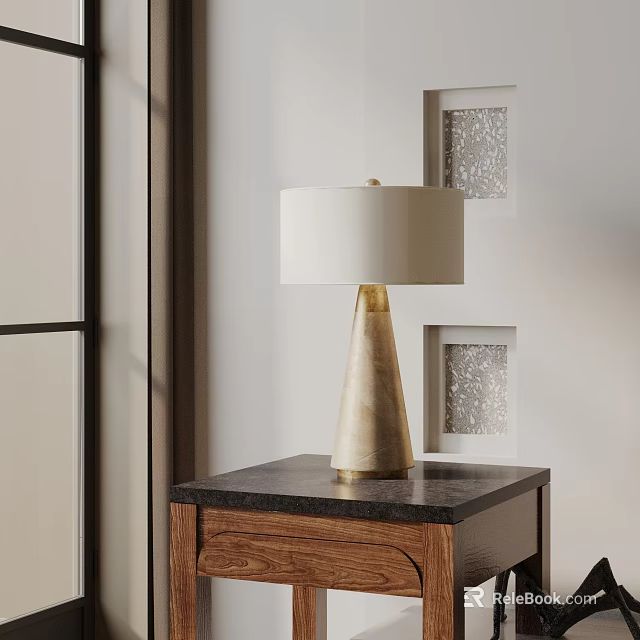 Elegant Modern Table Lamp With Golden Base White Lampshade On Wooden Nightstand Black Marble Top 3d model 