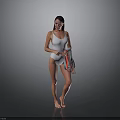 White One Piece Swimsuit With Red And White Striped Towel Against Gray Background