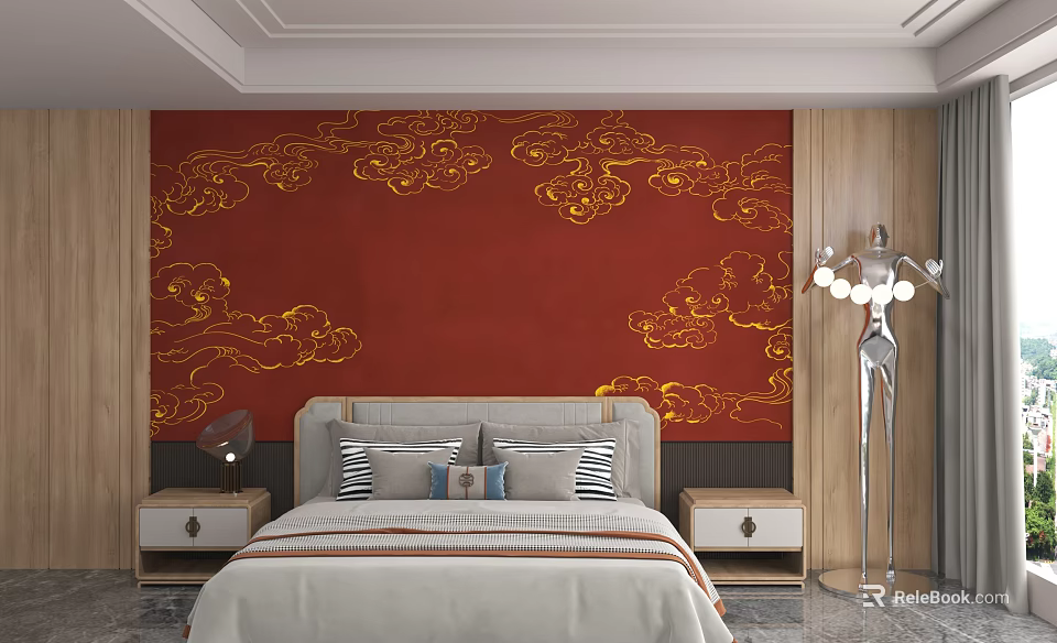 Red Bedroom Accent Wall With Gold Cloud Patterns And Grey Bed 3d model