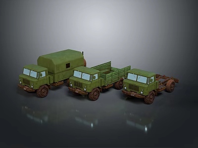 Green Military Tanks With Different Cargo Structures Showcased On Reflective Surface 3d model