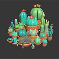 Cartoon Scene With Teal Cacti Cute Animals And Orange Flower Pots