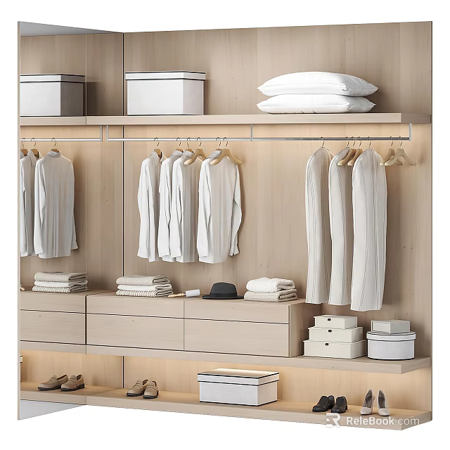Organized Wooden Wardrobe Interior With Hanging Rod Folded Clothes Storage Boxes And Shoes 3d model 