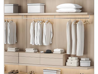 Organized Wooden Wardrobe Interior With Hanging Rod Folded Clothes Storage Boxes And Shoes 3d model