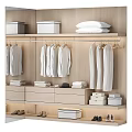 Organized Wooden Wardrobe Interior With Hanging Rod Folded Clothes Storage Boxes And Shoes