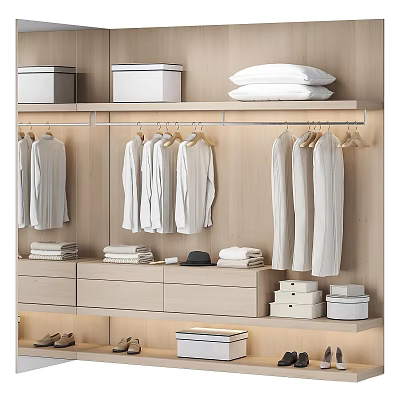 Organized Wooden Wardrobe Interior With Hanging Rod Folded Clothes Storage Boxes And Shoes 3d model