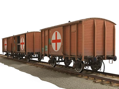 Wooden Train Carriages With Red Cross Symbols On Railway Tracks 3d model