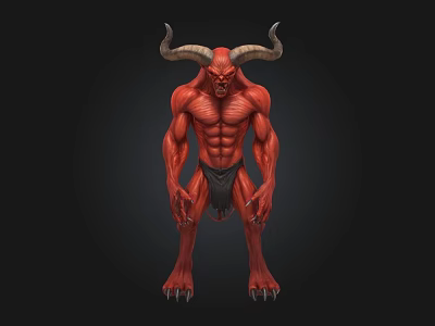 Detailed Red Muscular Horned Demon Creature With Clawed Feet On Dark Background 3d model