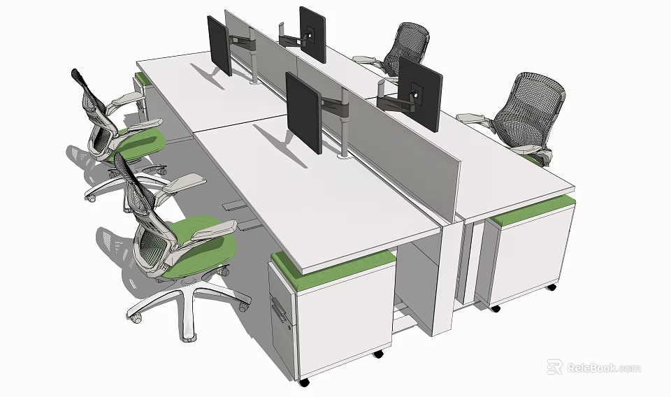 Office Desk Setup With Multiple Workstations Computer Monitors Ergonomic Office Chairs White And Green Design 3d model