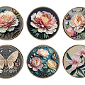 Decorative Round Wall Decor with 3D Floral Butterfly Patterns and Gold Frames 3d model