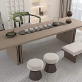 Modern Wooden Tea Table And Chairs With Tea Set Round Stools Bench And Natural Light