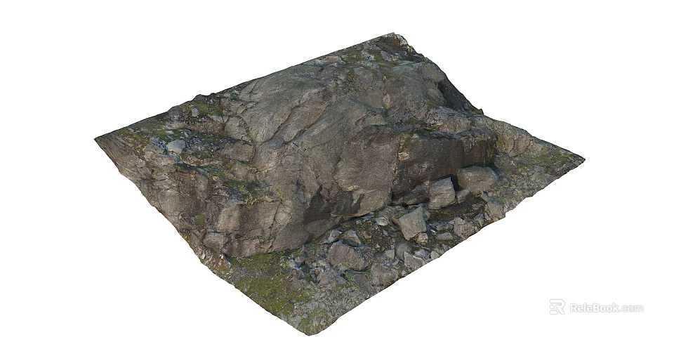 Natural Stone and Wood Elements in Textured Rock Ground with Various Sizes and Green Moss 3d model 