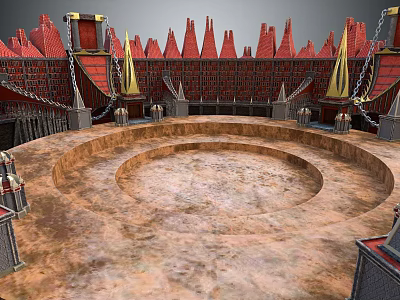 Circular Arena Building With Red Spiked Roofs Chains And Stone Ground 3d model