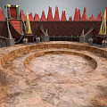 Circular Arena Building With Red Spiked Roofs Chains And Stone Ground 3d model
