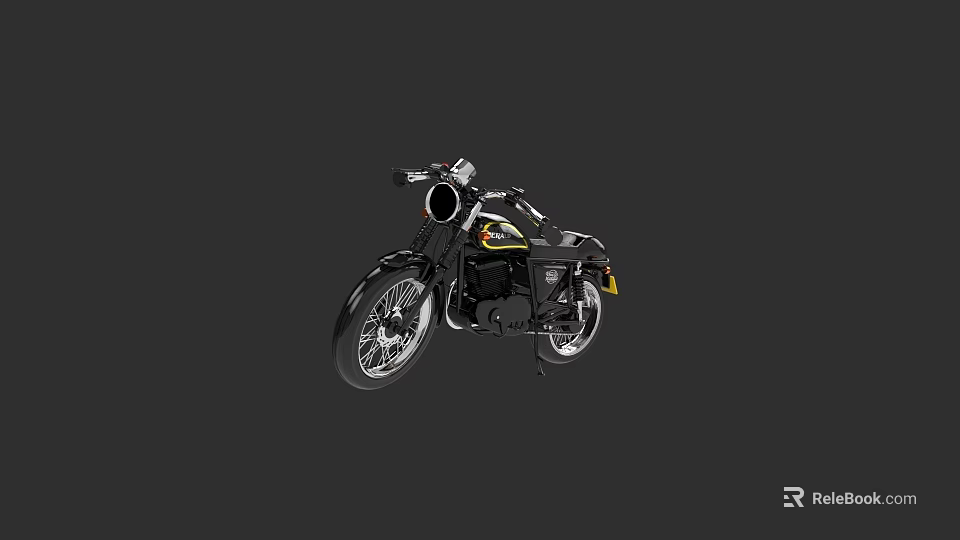 Black Classic Motorcycle With Yellow Accents And Chrome Details On Dark Background 3d model 