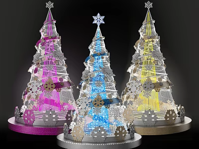 Colorful Lighted Christmas Tree Decorative Ornament Set with Star Tops and Snowflake Accents 3d model