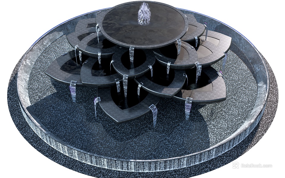 Decorative Black Circular Multi Tiered Petal Shaped Stone Fountain With Water Droplets 3d model 