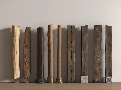 Various Decorative Wooden Columns With Metal And Stone Bases For Interior Design 3d model