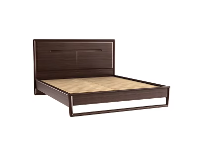 Modern Double Bed With Dark Brown Wooden Headboard And Light Wood Slats 3d model
