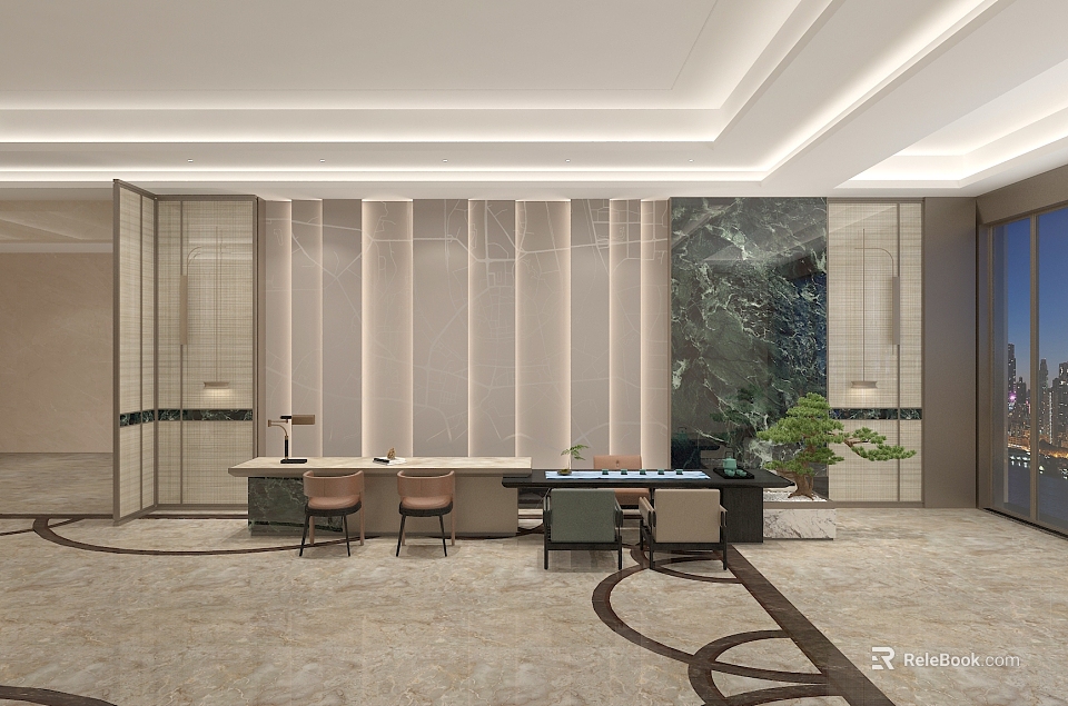 Elegant Modern Hotel Public Lounge Area With Marble Floor Comfortable Chairs And Potted Plants 3d model 