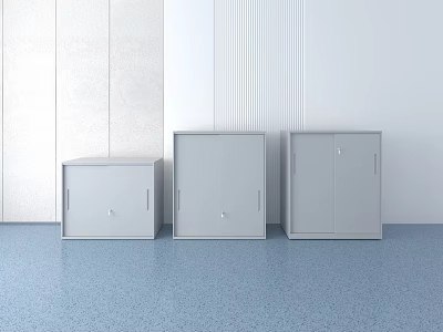Three Gray Bookcases With Doors Against Light Striped Wall And Blue Floor 3d model