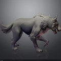 3D Wolf Model With White Gray Fur Red Eyes Open Mouth Dynamic Walking Pose