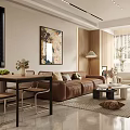 Modern Dining Living Room Interior With Brown Sofa Dining Table Artwork And Floor Lamp 3d model