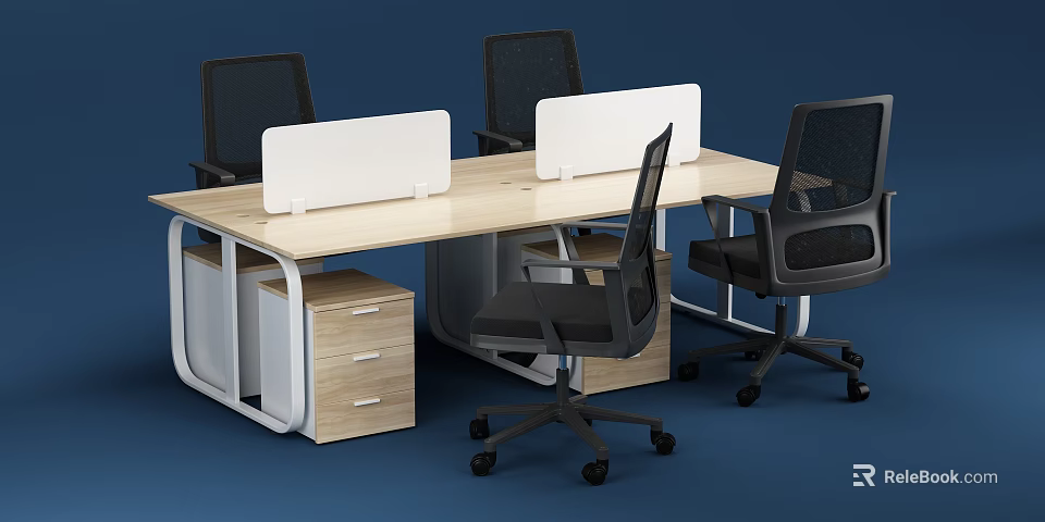 Modern Light Wood Office Desk With Dividers Drawers And Ergonomic Chairs 3d model 