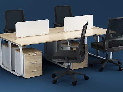 Modern Light Wood Office Desk With Dividers Drawers And Ergonomic Chairs 3d model