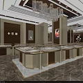 Luxury Jewelry Store Interior With Gold Decor Glass Display Counters And Chandeliers