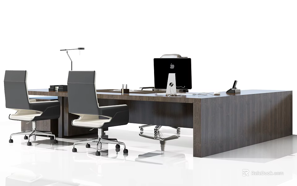 Modern Wooden Office Desk With Computer Desk Lamp Papers And Office Chairs Setup 3d model 