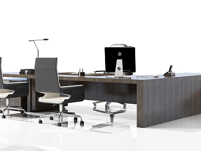 Modern Wooden Office Desk With Computer Desk Lamp Papers And Office Chairs Setup 3d model