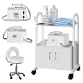 White And Blue Medical Equipment Set With Treatment Bed Cabinet Sink Trolley And Chairs