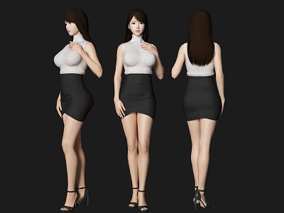 Woman In White Top And Black Skirt Front Side Back Views With High Heels 3d model